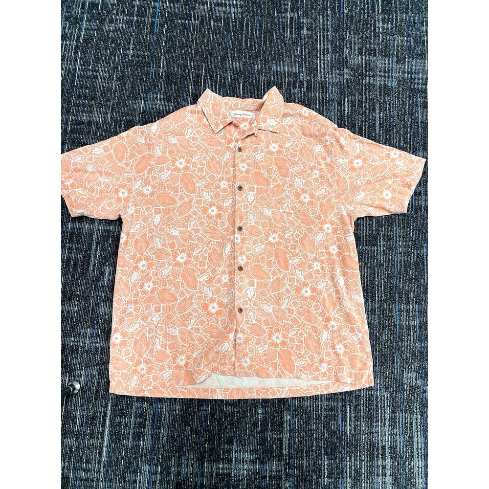 Tommy Bahama Shirt Mens XXL Orange Geometric Silk Hawaiian‎ Aloha Short Sleeve